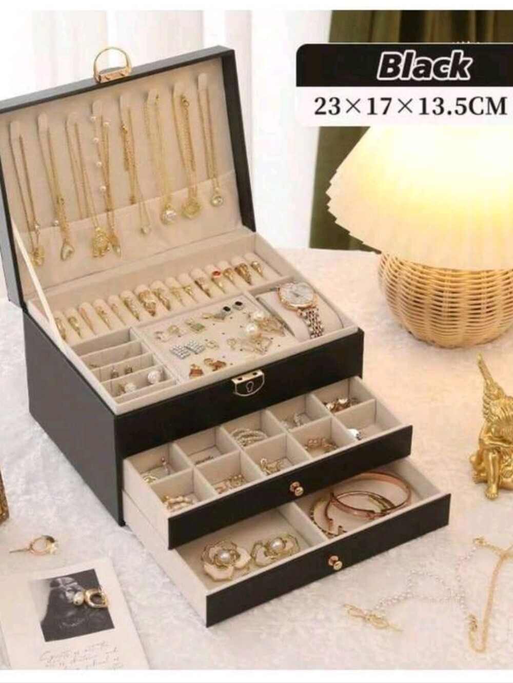 Classic Black Jewelry Organizer Box with Multiple Drawers